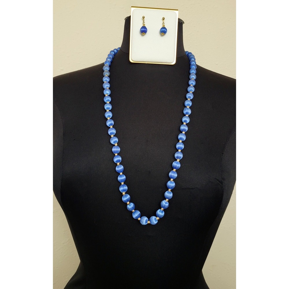 Blue Silk Thread Wrapped Beaded Necklace and Earrings Set Gold Tone Spacer Beads